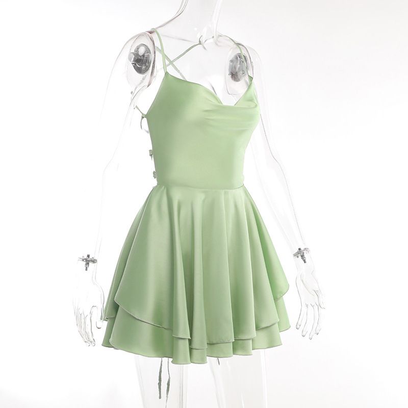 Damenbekleidung sexy Taschenkragen rückenfreies Trägerkleid Temperament heißes Mädchenkleid kurzer Rock_voghion.com