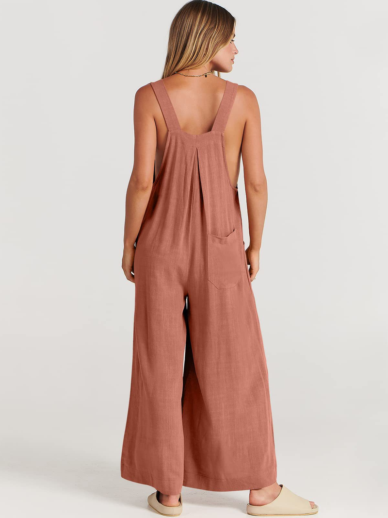 Women's clothing solid color loose casual cotton and linen overalls jumpsuit_voghion.com