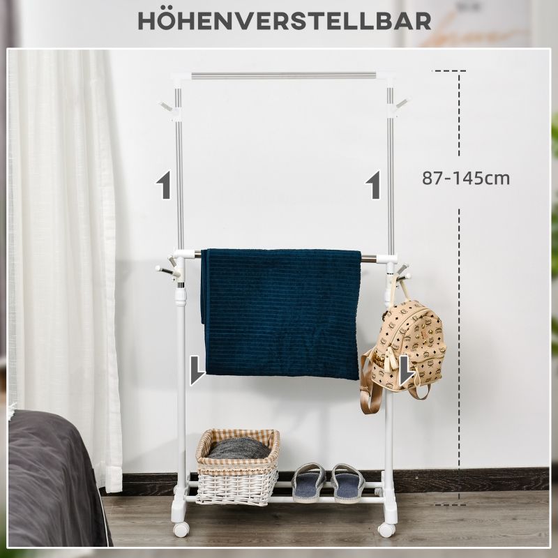 Rollbarer Garderobenständer, Höhenverstellbar, Mit Ablagefach und 4 Rädern, Weiß_voghion.com