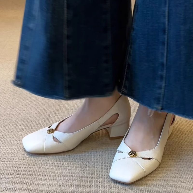 Sheepskin Version~French Style Genuine Leather Mid-Heel Sandals For Women Camellia Thick Heel Square Toe Shallow Mouth_voghion.com