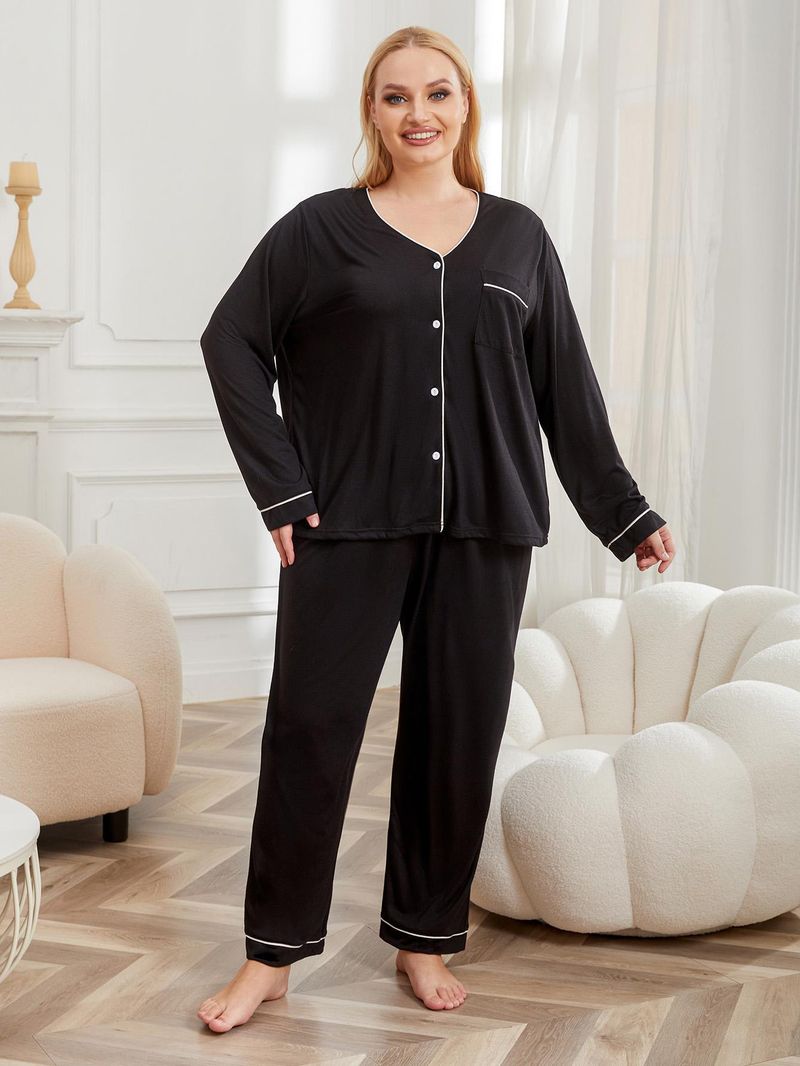 Plus Size Women's Pajama Set - Soft V-Neck Sleepwear For Big & Tall (1XL-4XL) - Lightweight Poly-Cotton Lounge Outfit - Black_voghion.com