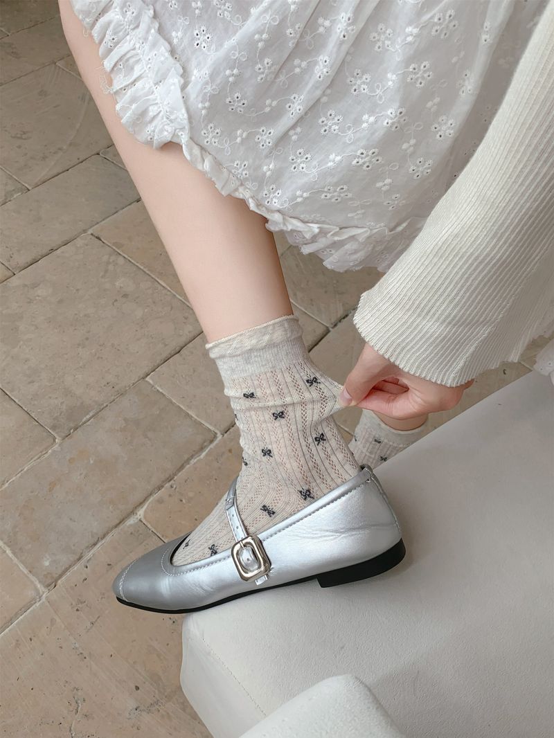 Summer Stacking Socks Thin Women's Summer Long Tube Ballet Crimped Mesh Gray New Bow Medium Tube Miu Series_voghion.com