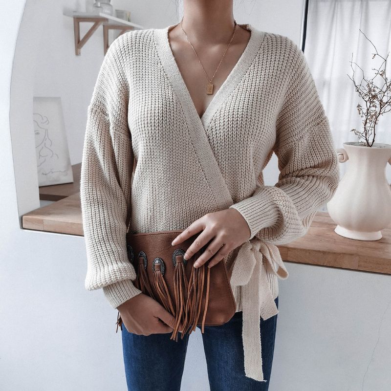 Maglione lavorato a maglia con nodo e scollo a V casual autunno inverno Abbigliamento da donna_voghion.com