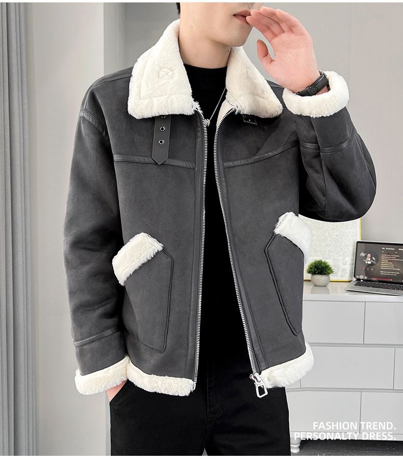 Men's Faux Shearling Lamb Fur Jacket Winter Loose Fit Stand Collar Motorcycle Coat Fleece Lined Thick Warm_voghion.com