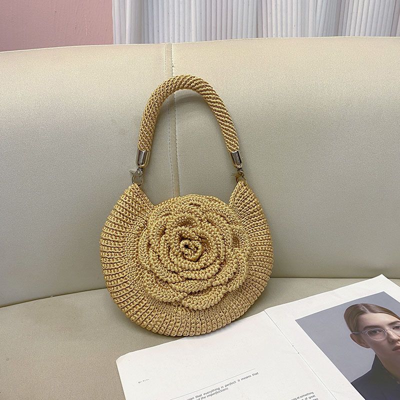Bolso de mano estilo picnic pastoral floral tejido a mano, de moda, con diseño de nicho, informal, sencillo, con monedero y pintalabios._voghion.com