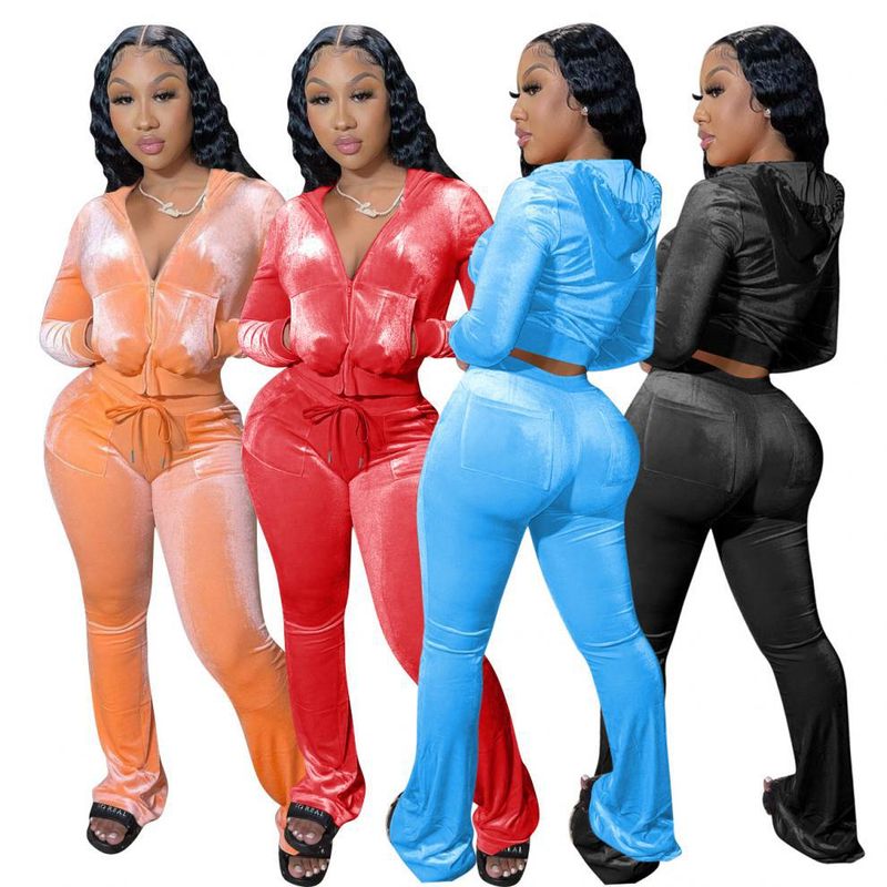 Ensemble sweat à capuche et pantalon large en velours pour femme – Ensemble deux pièces en élasthanne extensible, confortable et décontracté (noir/rose/bleu ciel, S-XXL)_voghion.com