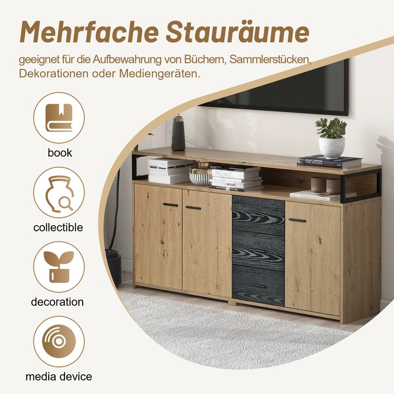 Buffet industriel trois portes et trois tiroirs, meuble de rangement multifonctionnel avec poignées en métal, armoire de cuisine, meuble de rangement pour chambre, salon et bureau, 150 x 35 x 75,9 cm_voghion.com
