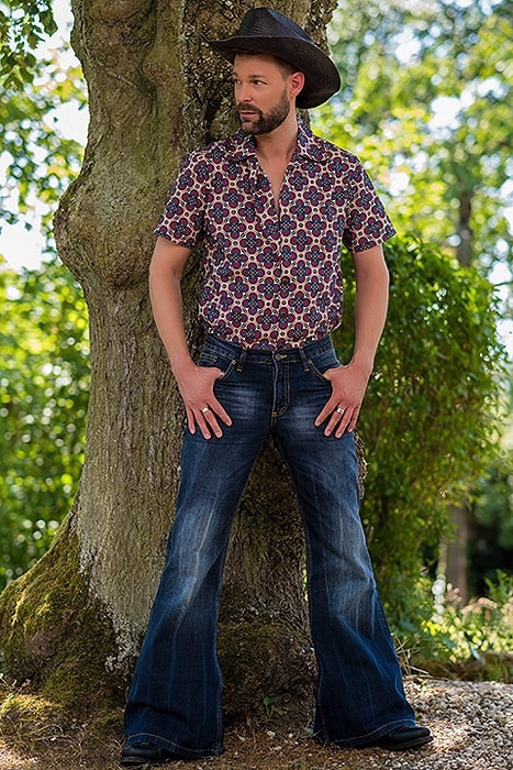 Pantalon en denim pour hommes, bas de cloche, commerce extérieur transfrontalier, style punk rétro, motif de cravate, extensible, personnalité_voghion.com