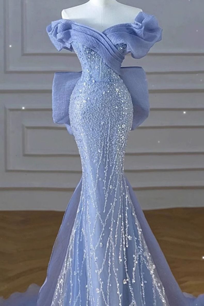 Elegant Blue Off-the-Shoulder Mermaid Evening Gown With Sequins – Formal Gala, Wedding, Stage Performance Dress_voghion.com