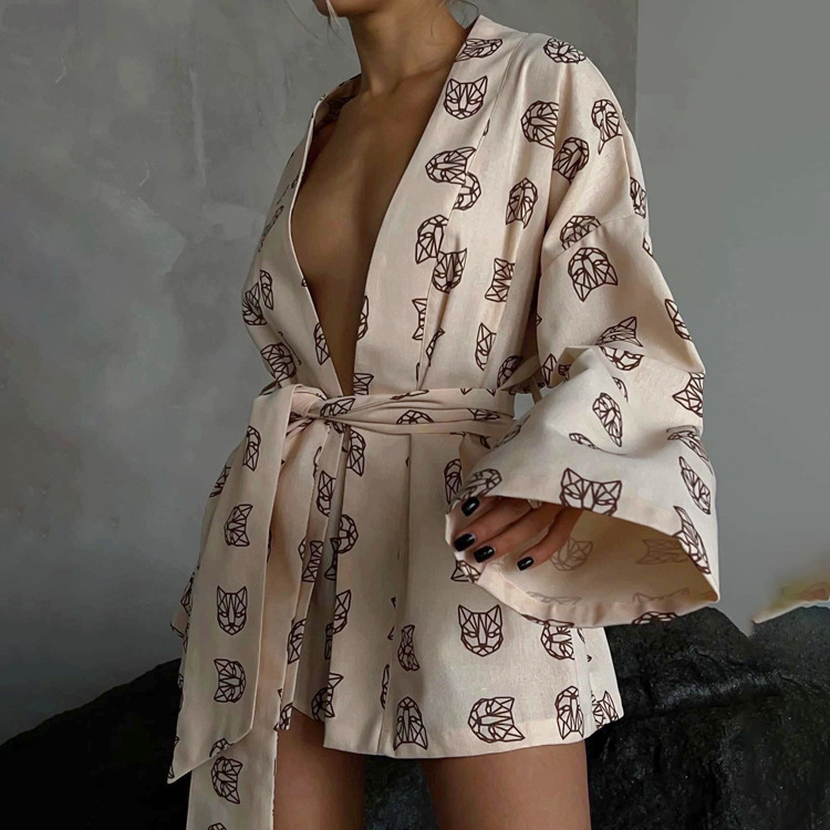 Kadınların gündelik bağcıklı uzun kollu pijama yüksek bel şortları ev kıyafetlerine uygun_voghion.com