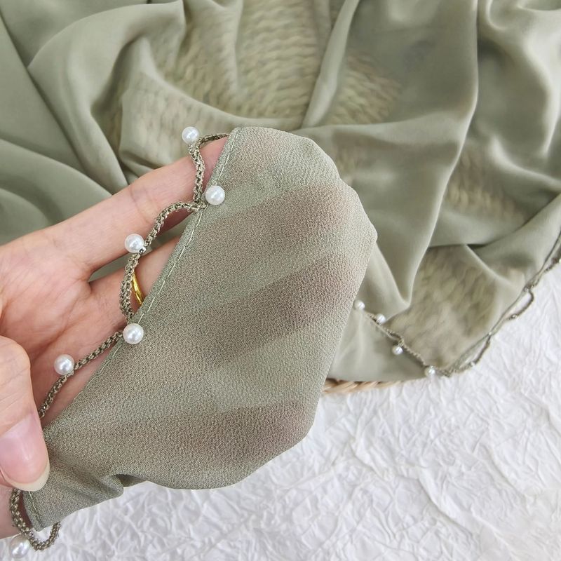 Elegant Chiffon Hijab Scarf With Pearl Beading & Wavy Hem – Lightweight Muslim Head Covering (70x175cm, Breathable, Versatile For Daily Wear)_voghion.com