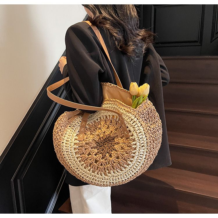 Straw Bag Woven Bag Bohemian Woven Bag Hollowed-out Straw Bag Large Capacity Seaside Resort Beach Shoulder Tote Bag_voghion.com