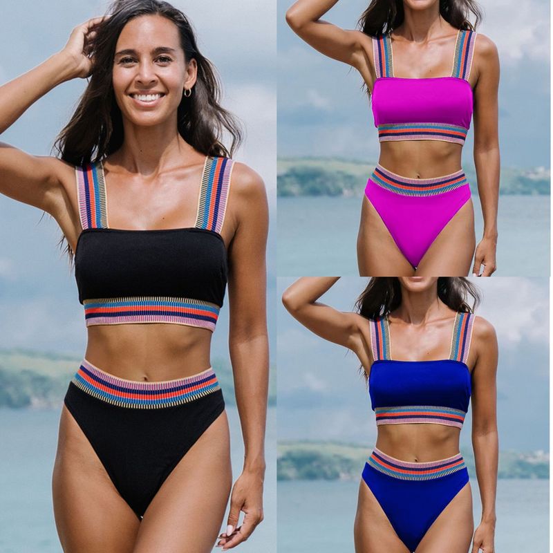 Costume da bagno due pezzi con elastico a vita alta, bikini tinta unita da donna 2025_voghion.com