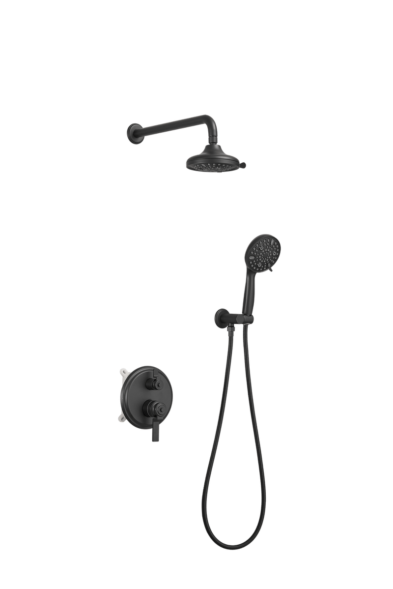 Single-Handle 1-Spray Round Rain Shower Faucet Combo Set With Dual Function Pressure Balance Valve In Matte Black_voghion.com