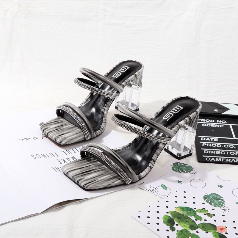 Large size sandals with a straight line rhinestone hollow heel and transparent thick for women's slippers 2024 new_voghion.com