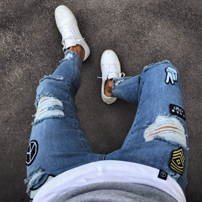Vaqueros ajustados elásticos para hombre con agujeros bordados, pantalones ajustados_voghion.com
