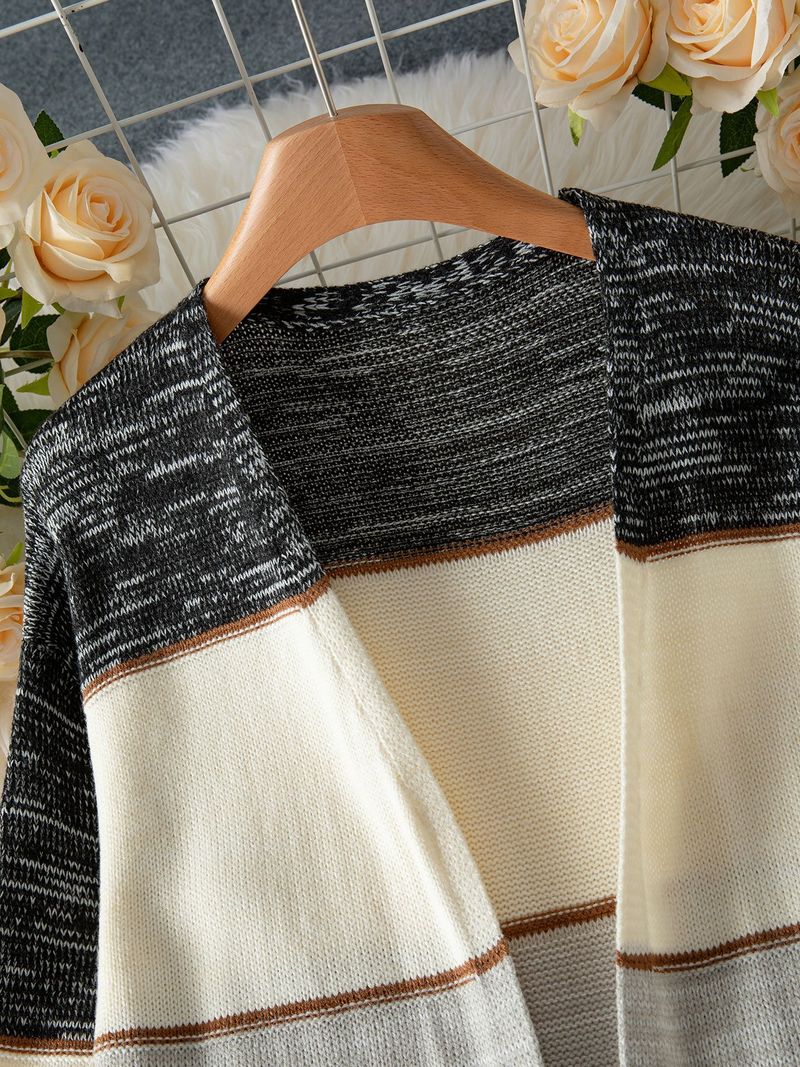 Women's Longline V-Neck Cardigan - Stripe & Color-Block Open Front Knit Sweater (Gray)_voghion.com