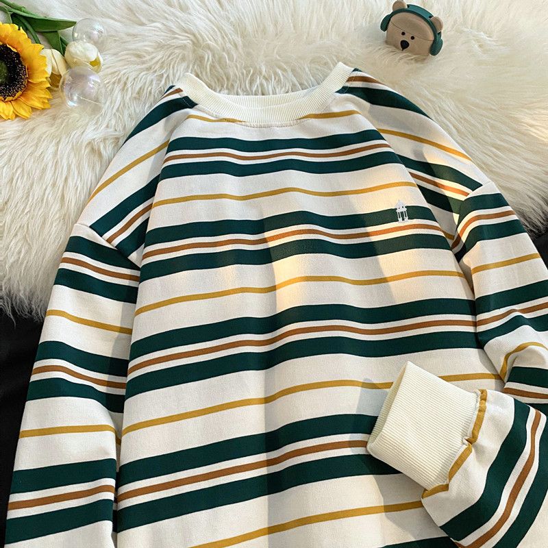 Herbstliches, gestreiftes Langarm-T-Shirt aus reiner Baumwolle für Herren mit Rundhalsausschnitt, lockere Passform, lässiges Funktionsshirt für junge Leute_voghion.com