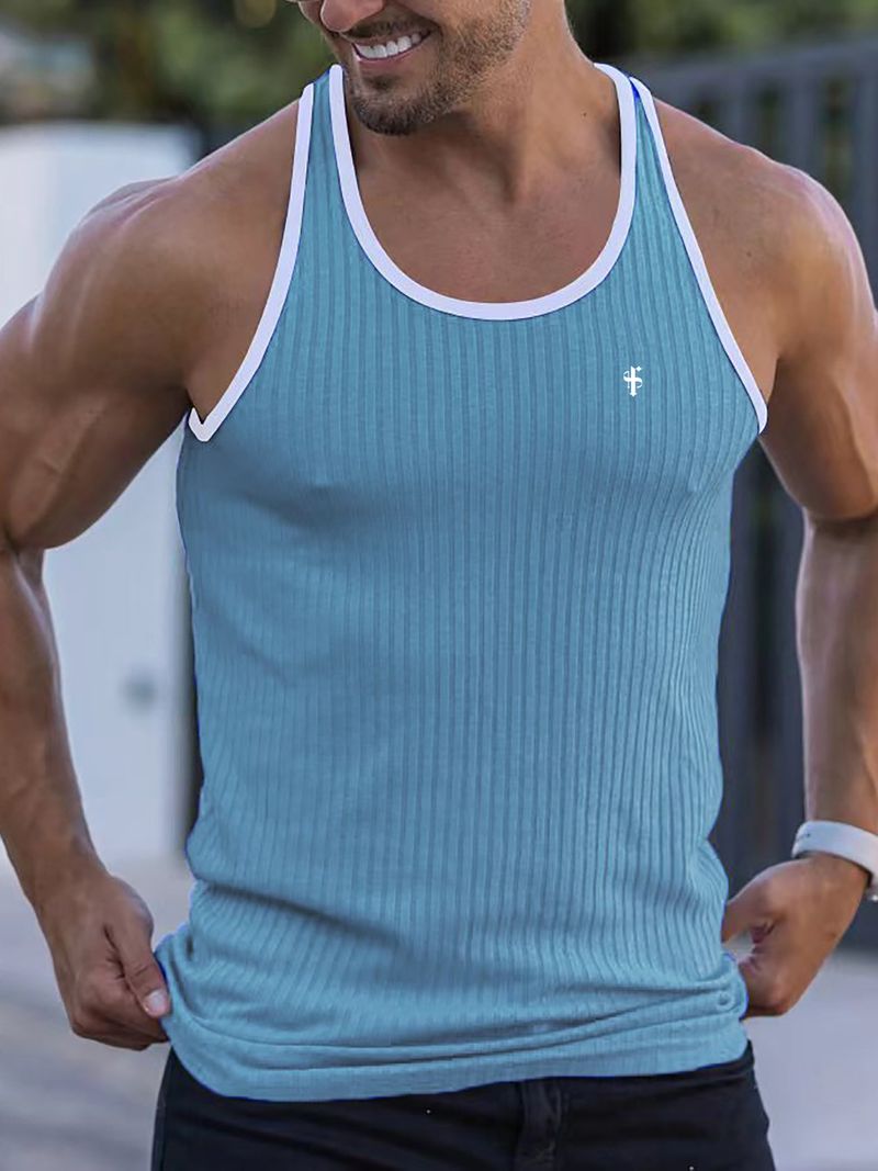 Roupas masculinas, novo colete esportivo de verão para fitness, respirável, listrado vertical, elástico masculino, secagem rápida, em formato de I, sem mangas, com fundo rosqueado_voghion.com