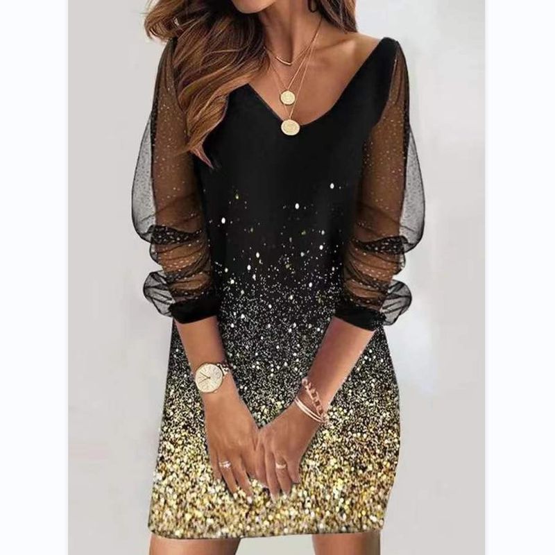 Damenbekleidung Pailletten Durchsichtiges Mesh Damenkleid_voghion.com