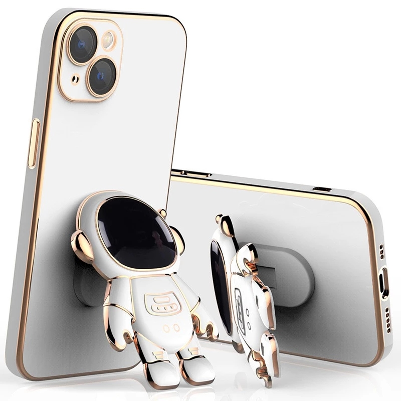 3D Astronaut Folding Stand Soft Phone Case For iPhone 14 13 12 11 Pro Max XR XS 7 8 Plus SE 2022 Plating ShockProof Case Cover_voghion.com