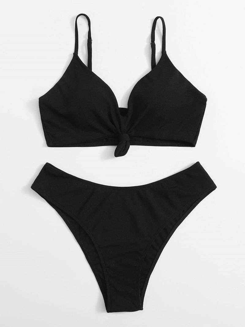 Bikini-Set mit hoher Taille in Übergröße – sexy rückenfreie Bademode für Damen (Bauchkontrolle, einfarbig, verstellbare Bänder)_voghion.com