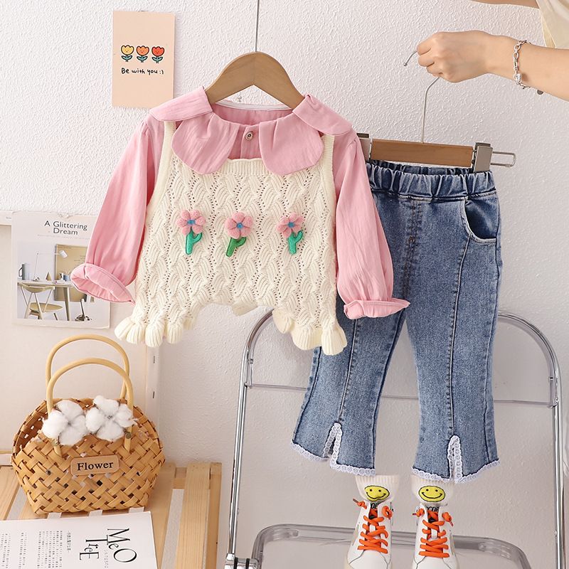 Chaleco para niñas, suéter de punto de primavera y otoño, tres piezas, moda 2024, nuevo conjunto para niñas y niños, lindo_voghion.com