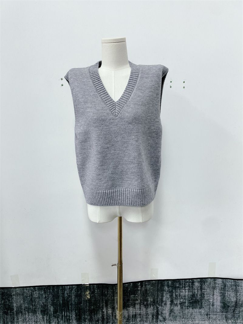Nouveau pull-over en tricot ample sans manches à col en V pour femme, style universitaire, polyvalent_voghion.com
