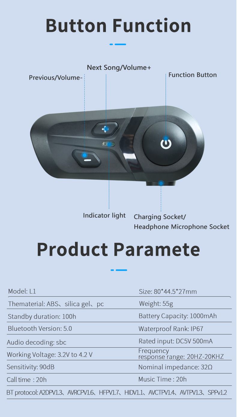 Wielofunkcyjny zestaw słuchawkowy Bluetooth do kasku motocyklowego w wersji 5.0, o czystej jakości dźwięku i długim czasie czuwania Bluetooth_voghion.com