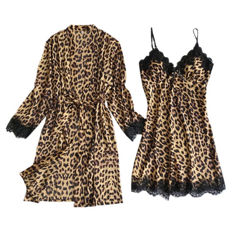 Women's Sleepwears Silk Black Leopard Print Home Clothes Pajamas Set Fashion Lace Pajamas Set_voghion.com