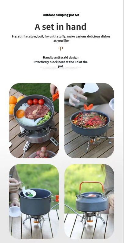 Juego de cocina plegable para exteriores, tetera, sartén, olla para sopa, encendedor, bolsa de almacenamiento, adaptador y suministros_voghion.com