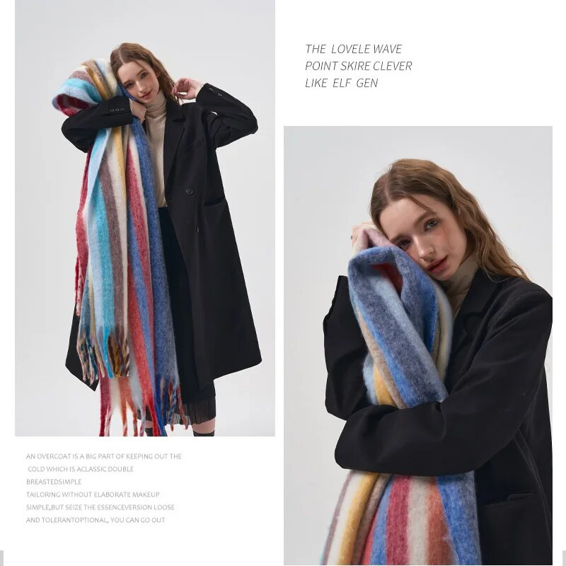 Coreano quente impressão cachecol feminino inverno outono engrossar grande arco-íris vertical listrado xale macio cashmere cobertor cachecóis_voghion.com