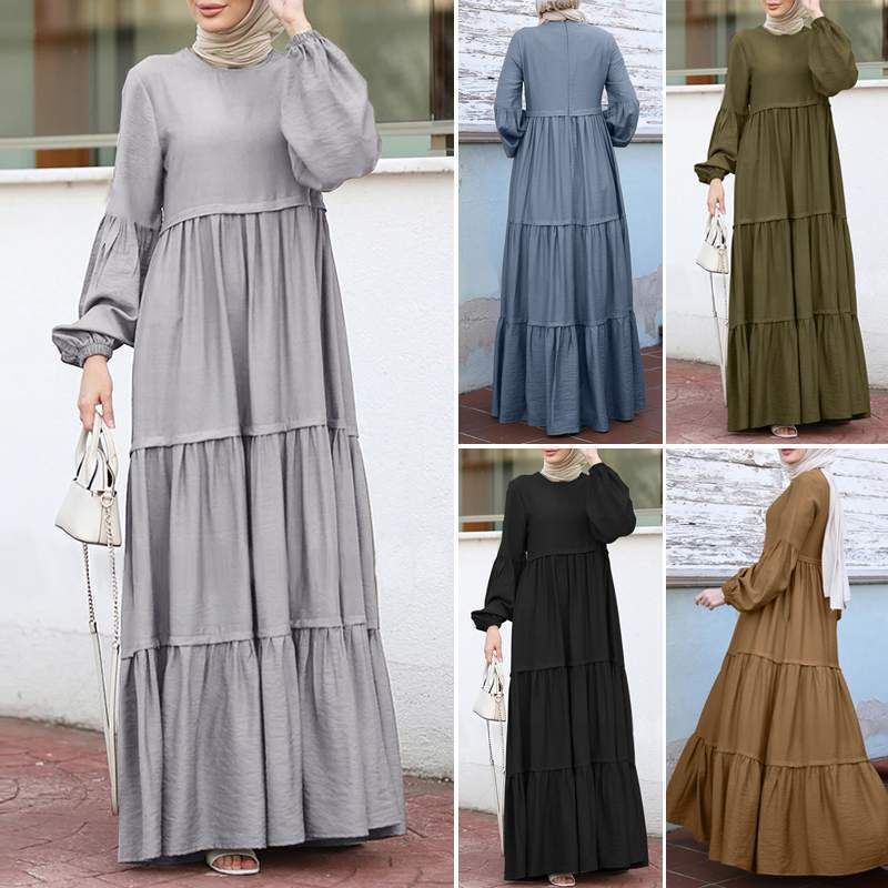 Gonna con volant musulmana da donna, abito coreano con volant da donna, abito lungo casual e ampio con scollo rotondo_voghion.com