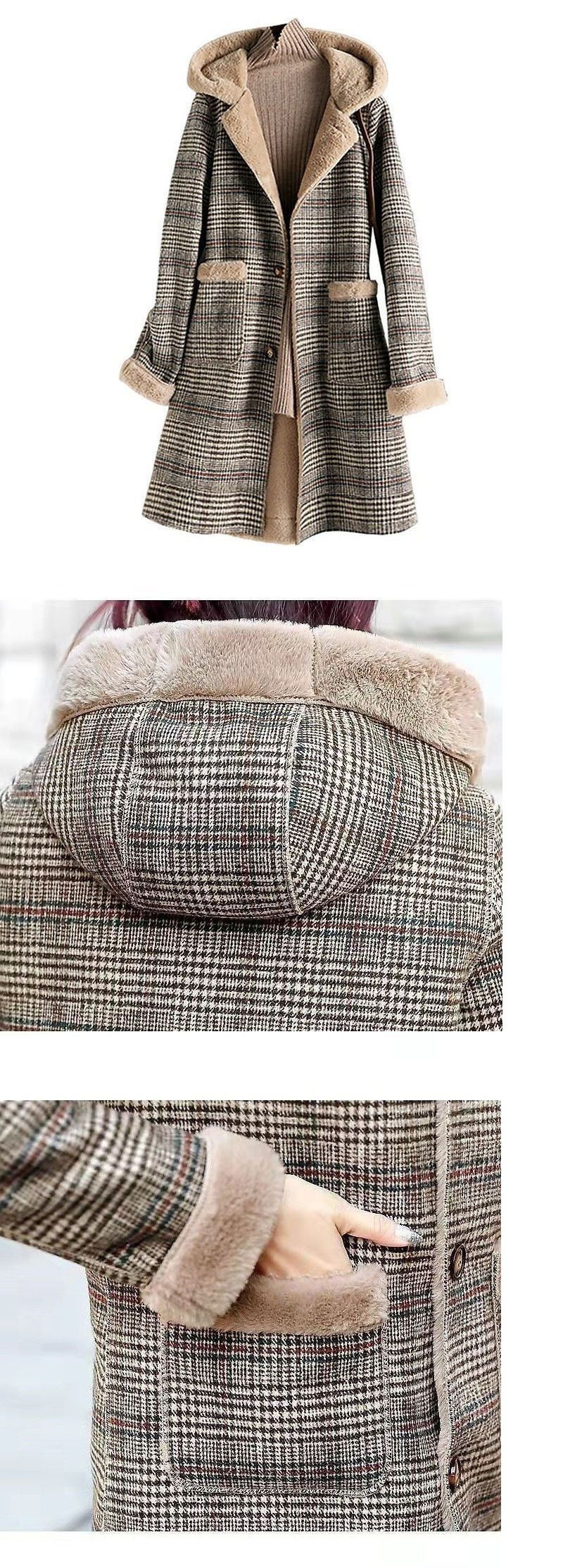 Damen-Wintermantel aus karierter Wolle mit Kunstpelzkapuze – mittellanger, warmer Übermantel, dickes Fleecefutter, entspannte Passform (Größen S-XXXL, klassisches Tartan_voghion.com