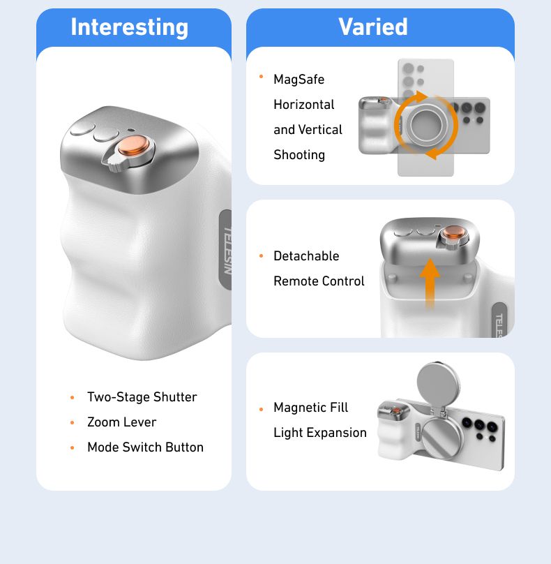 Fun Shot Magnetic Grip, Ergonomic Style Phone Camera Grip With Detachable Remote, Expandable Functionality For_voghion.com