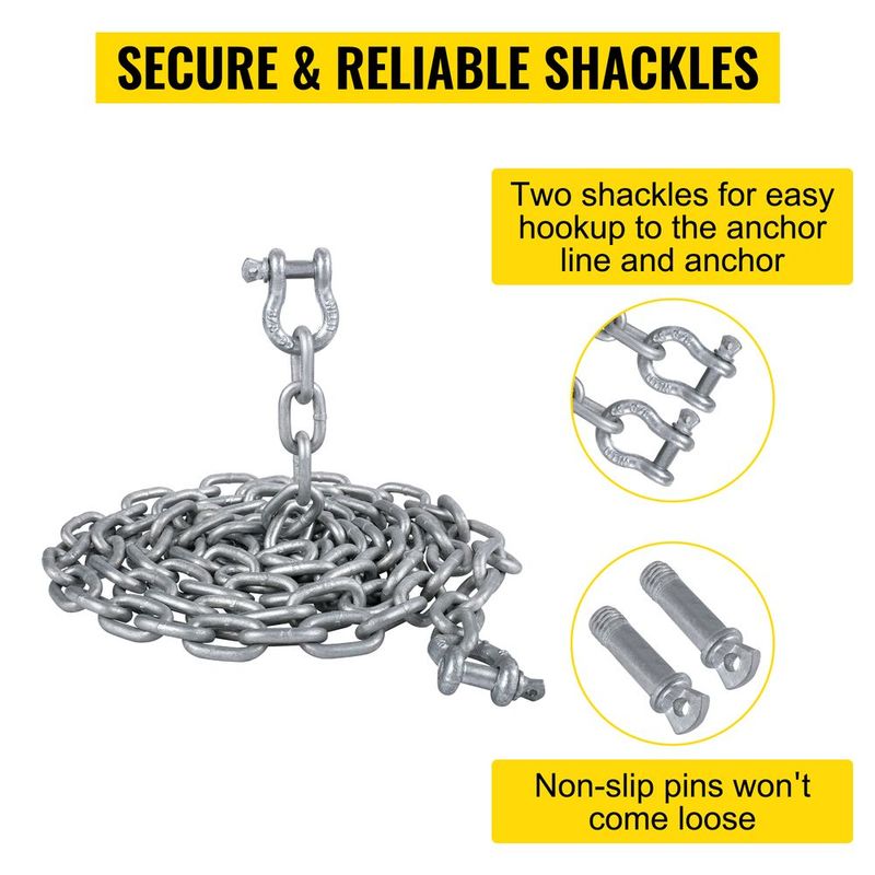 VEVOR Anchor Chain, 10' X 5/16" Galvanized Steel Chain, 3/8" Anchor Chain Shackle, 11650lbs Anchor Lead Chain Breaking Load, 9460lbs Anchor Chain Shackle Breaking Load, Anchor Chain For Boats, Ships_voghion.com