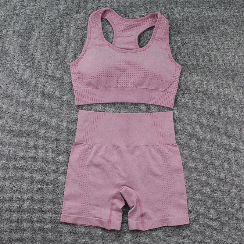 Conjunto de dos piezas de lunares sin costuras con espalda cruzada, pantalones cortos, traje de fitness para mujer, sujetador sin espalda, top, atuendo de yoga_voghion.com