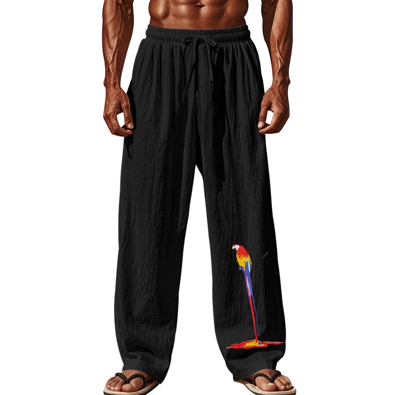 Herbst Herren Papagei Druck Atmungsaktive Baumwolle Leinen Lose Casual Sporthose_voghion.com