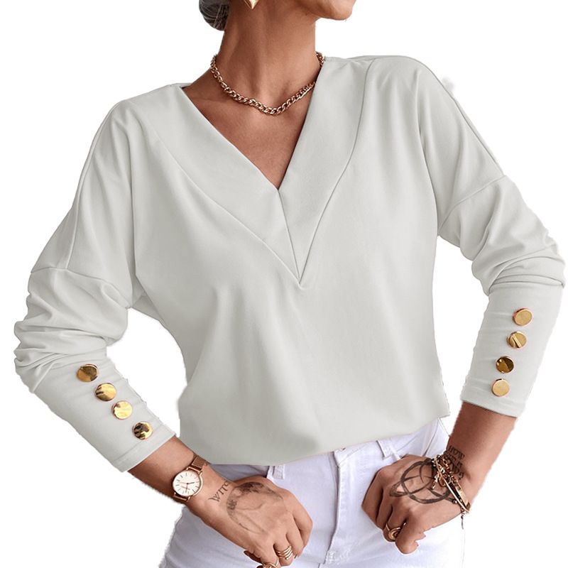 Abbigliamento da donna Camicia con fondo slim allentato con scollo a V alla moda Hundred Towers_voghion.com