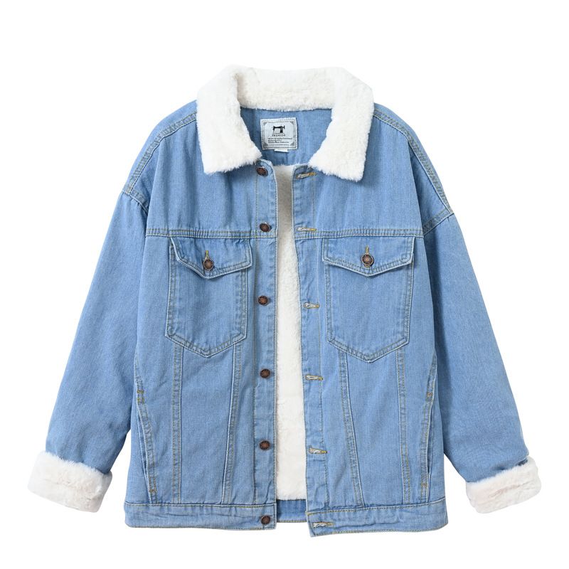 Giacca da donna in denim foderata in pile, calda e calda, con collo in pelliccia sintetica di coniglio, casual, blu, oversize, con spalle scese_voghion.com