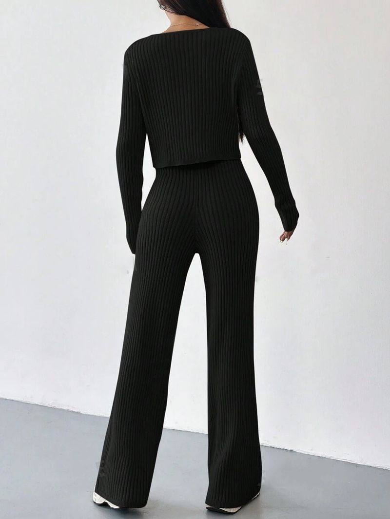 Korean-Style Knit Two-Piece Set – V-Neck Cropped Cardigan & Flared Pants (White/Beige/Grey/Black, S-L)_voghion.com