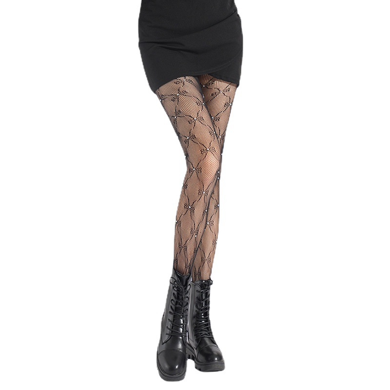 2025d Sexy Bowknot Damen Einteilige Strumpfhosen mit glänzenden Strasssteinen, Hohlnetzstrümpfe, Strümpfe mit Rautenmuster_voghion.com