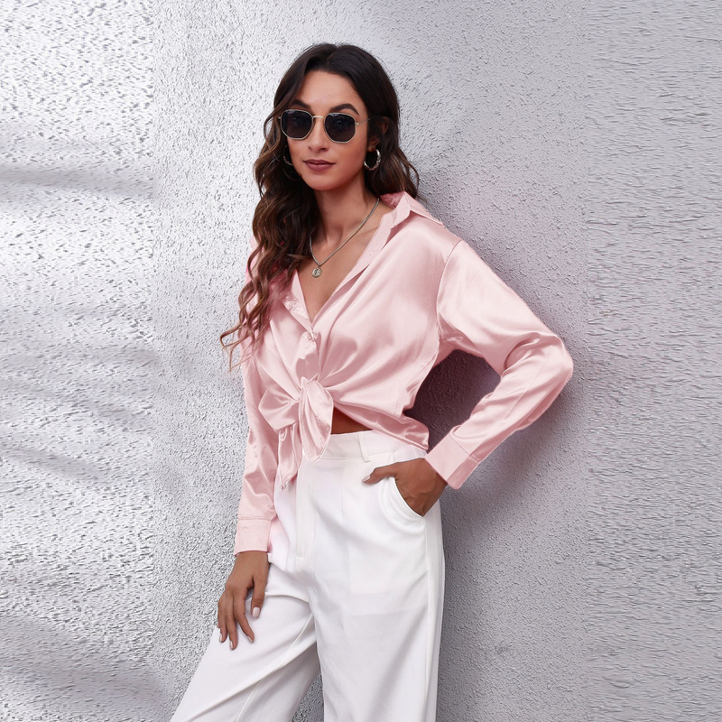 Women's clothing color D shirt satin silk imitation long sleeve shirt_voghion.com