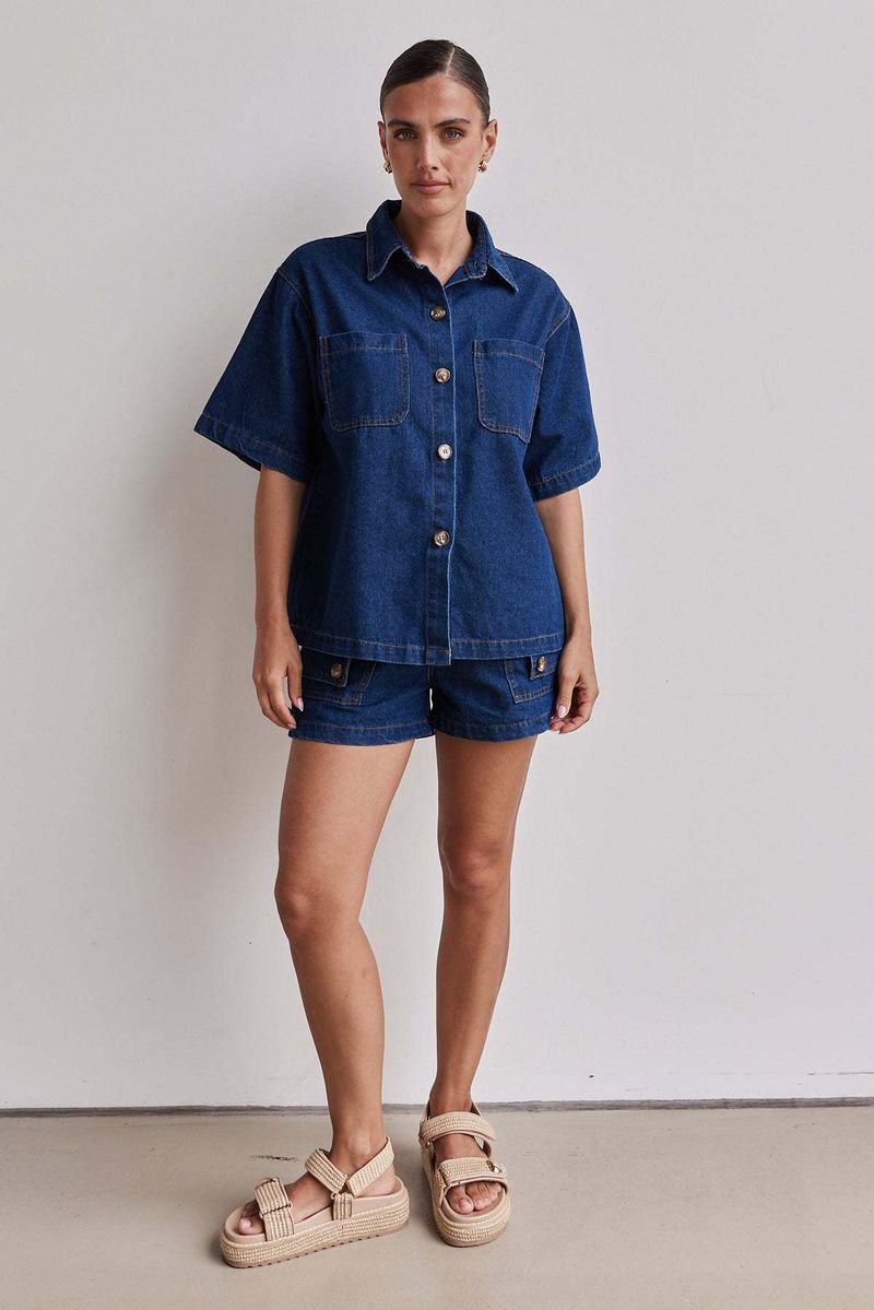Roupas femininas verão feminino casual retro solto camisa jeans shorts conjunto_voghion.com