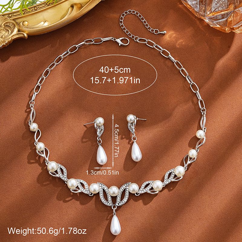 Collana e orecchini con perle a goccia d'acqua, set di accessori da sposa, temperamento alla moda, set da due pezzi da donna all'ingrosso_voghion.com