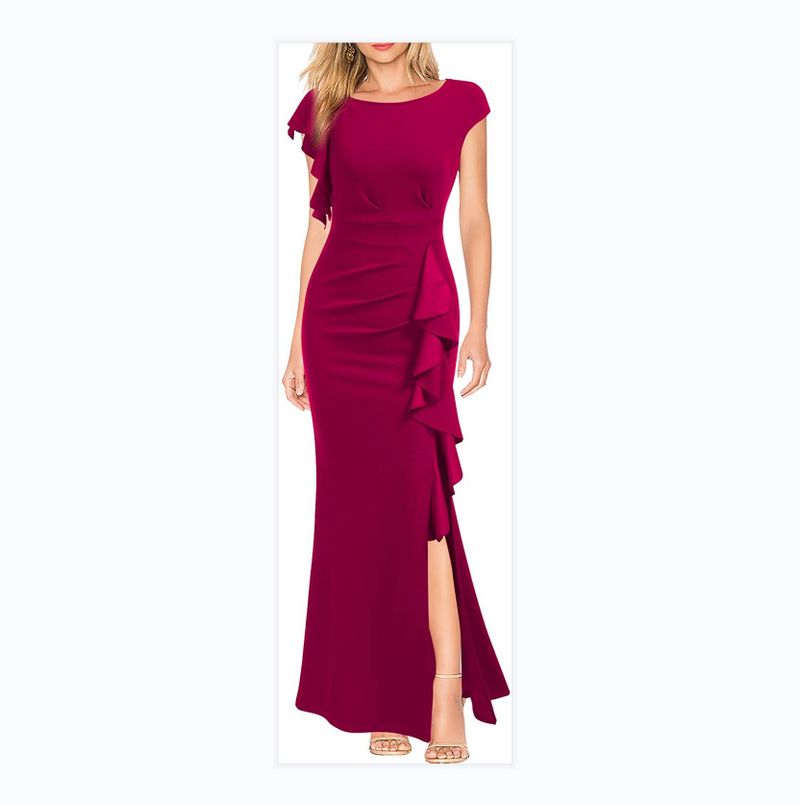 Krawatte bedruckt, einfarbig, 2025, elegantes Pendler-Party-Abendkleid, gerüscht, Meerjungfrau, langes Kleid, knitterfrei, Outfit, Synonyme_voghion.com