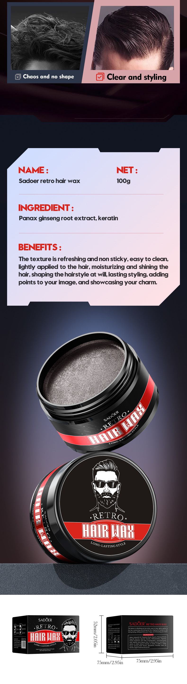 Haarwachs SADOER Retro Haarwachs 100g Starkes Styling Natürlicher Flauschiger Haarschlamm_voghion.com
