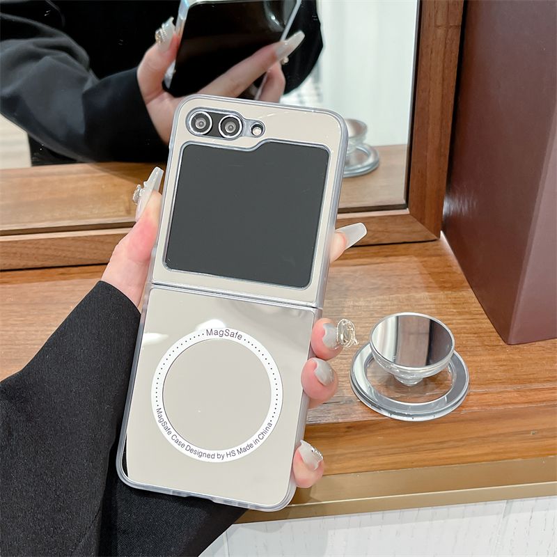 For Samsung Galaxy Z Flip 3 4 5 5G Luxury Mirror Magnetic Circular Stand Phone Case Cover_voghion.com