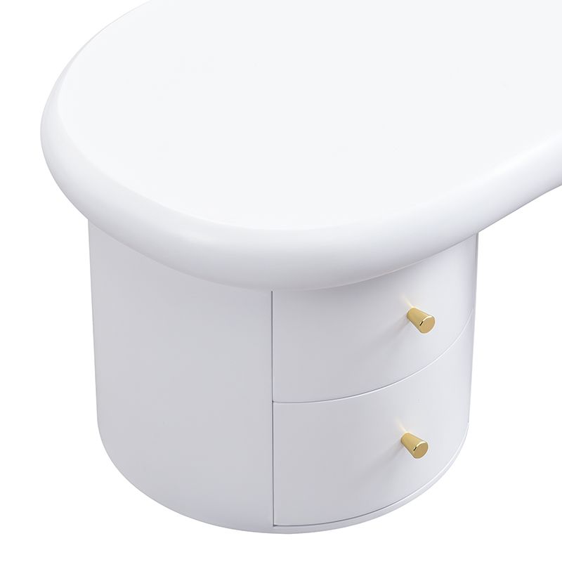 Table basse blanche moderne de forme irrégulière avec 2 tiroirs, design compact et élégant, robuste et pratique pour le salon et une utilisation polyvalente._voghion.com