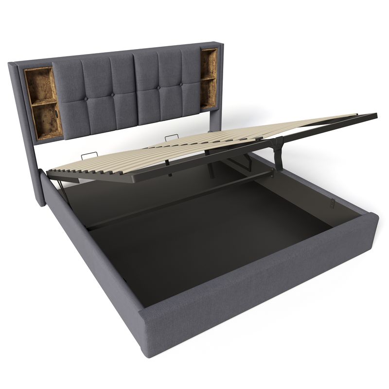 Double avec câble de chargement et USB-C, tissu 140 x 200 cm, support avec support, bois de roseau, gris, tapis inclus_voghion.com